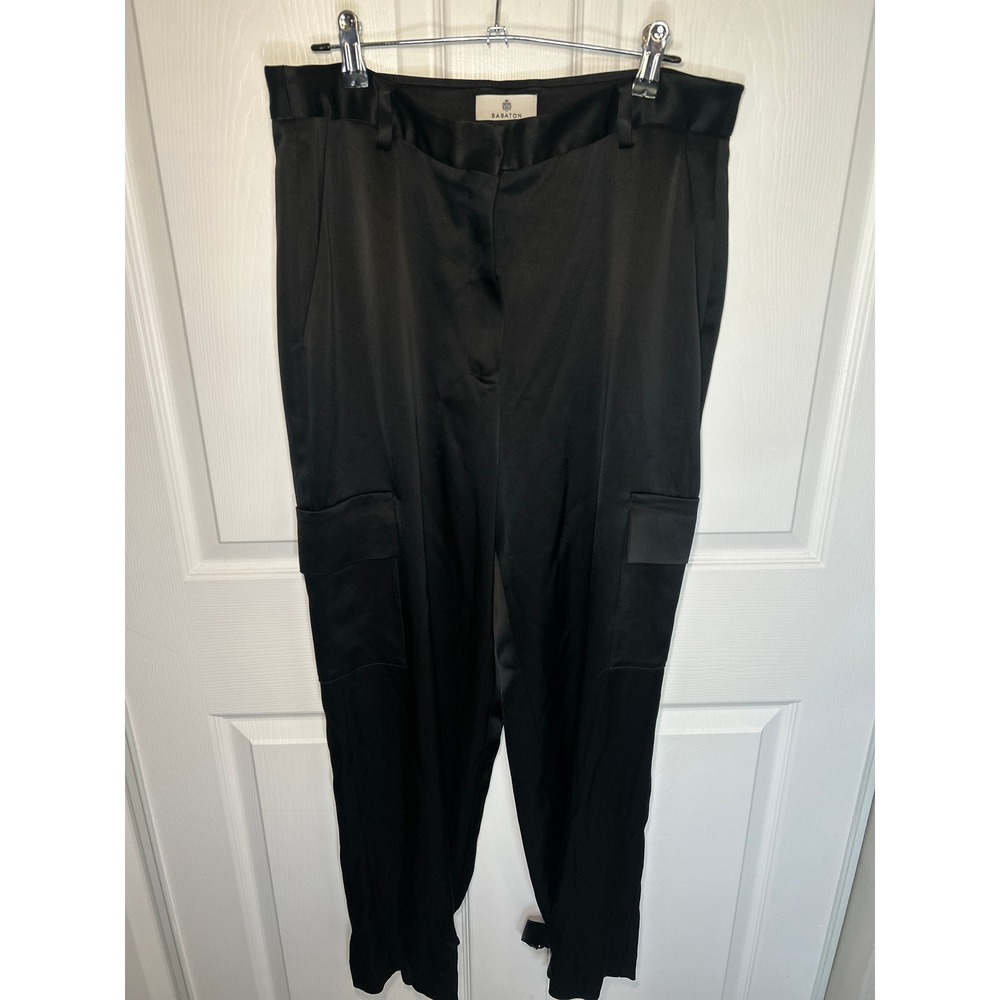 Babaton Aritzia Satin Cargo Pants Black High Rise Tapered Utility Size 12 Buckle
